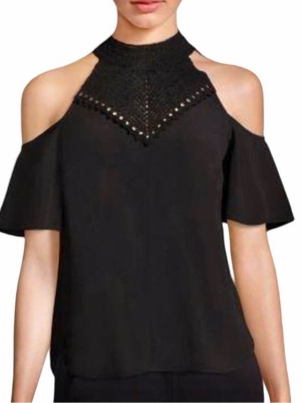 A.L.C. SIZE 6 Black Cold-Shoulder Crochet Yoke Blouse